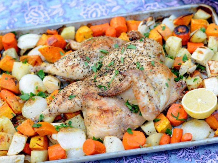 Recipe: Sheet Pan Spatchcock Chicken with Lemon and Root Vegetables