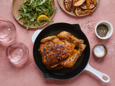 Recipes: roasted chicken with potatoes and fresh arugula salad and butter chicken bowls with white rice