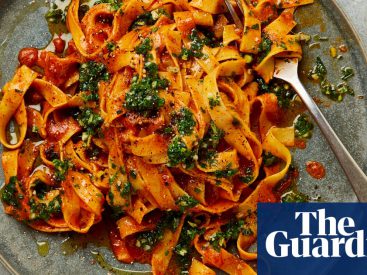 Ixta Belfrage’s vegan recipe for tagliatelle with charred red pepper sauce and salsa verde