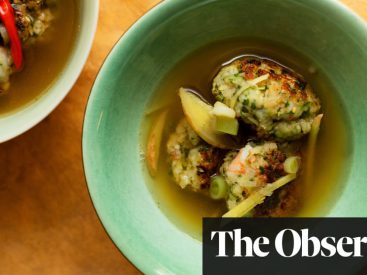 Nigel Slater’s recipes for summer soup with prawn cakes, and asparagus and broad bean soup