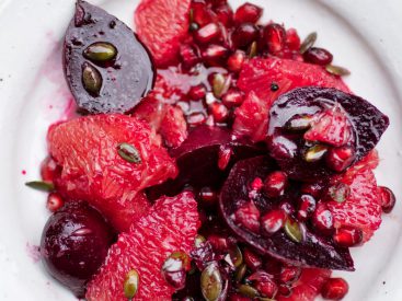 Nigel Slater’s recipes for beetroot and pomegranate salad, and rice pudding and damson sauce