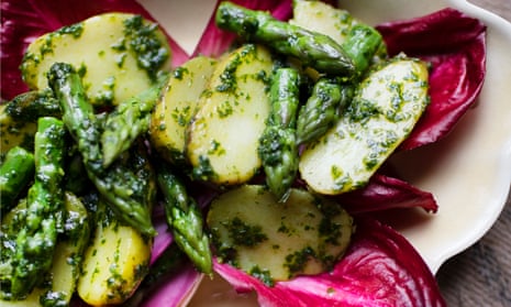 Nigel Slater’s recipes for new potatoes with asparagus, and for potato and thyme tarts