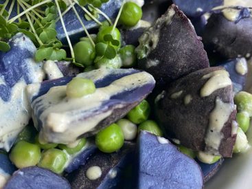 Food Made Fresh: Purple Potatoes and Green Peas make colorful contrast
