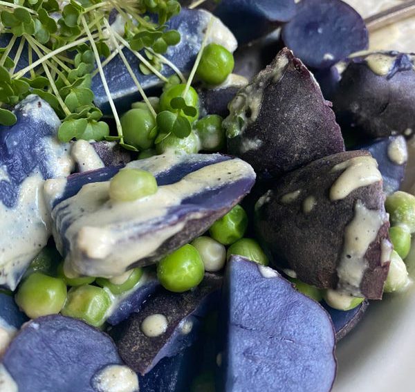 Food Made Fresh: Purple Potatoes and Green Peas make colorful contrast