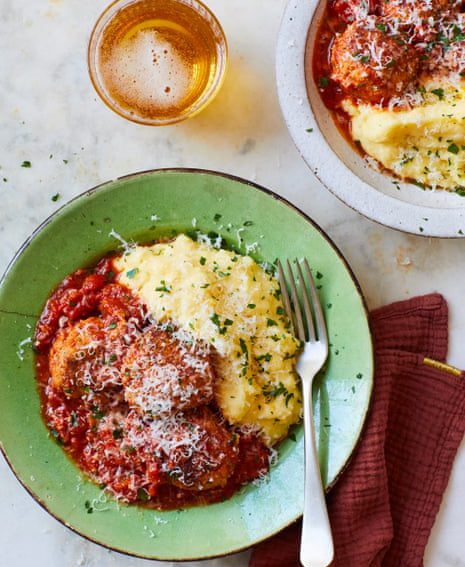 Thomasina Miers’ recipe for meatballs and tomato sauce with double corn parmesan polenta