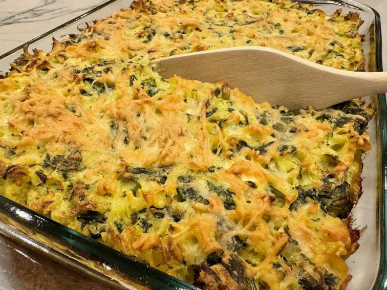 Creamy Spinach Artichoke Chicken Pasta Casserole Recipe With Feta Cheese