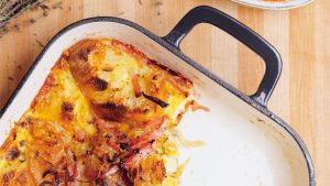 Savory bread pudding recipe with vegetables, cheese and herbs from 'Chuck's Home Cooking'