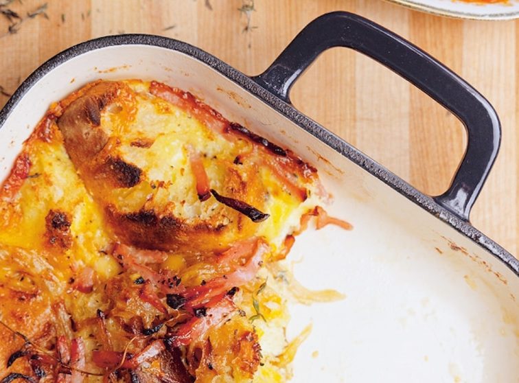 Savory bread pudding recipe with vegetables, cheese and herbs from 'Chuck's Home Cooking'